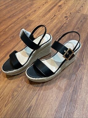 Black Espadrille Wedge Sandals with Gold Buckle